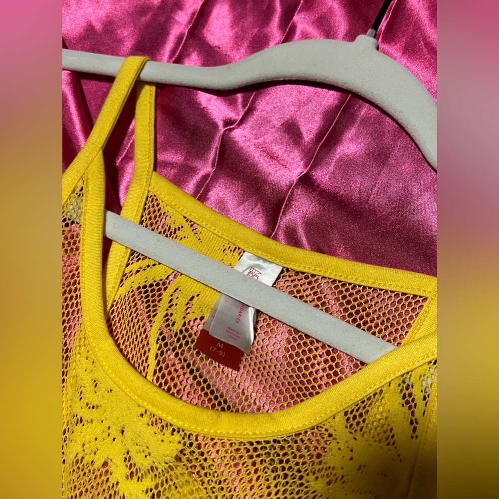 yellow swimsuit coverup. with palm tree design. size M.